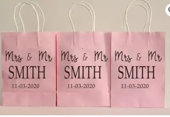 персонализированный мистер и миссис имя дата свадьба подружка невесты фрейлина благодарственные подарочные пакеты, розовые подарочные пакеты / подарочные пакеты с предложением подружки невесты