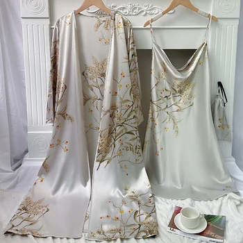  Пижамный комплект с цветочным принтом Халат с длинным рукавом и поясом V-образным вырезом Платье-комбинация Женская одежда для сна Домашняя одежда