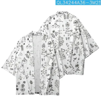 Повседневная свободная мультяшная простая печать с принтом Белое кимоно Пляжные шорты Кардиган Летняя пара Женщины Мужчины Haori Yukata Уличная одежда