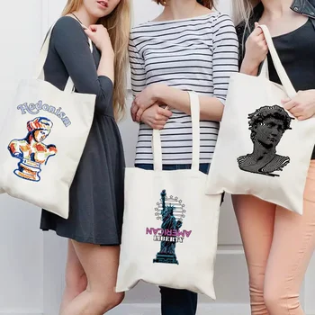 Повседневная сумка для покупок Холщовая сумка-тоут Модная скульптура Печать Дорожная сумка через плечо Женщины Эко Шоппер Высокое качество Складные сумки