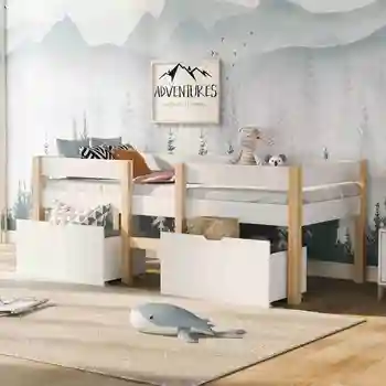 простая детская кровать в современном стиле, с выдвижным ящиком и защитой от падения, детская кровать из массива сосны 90x190 см-белый и дуб