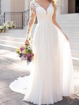 Простой Элегантный Кружевной Вышивка Аппликации Свадебное Платье Темперамент V-образный вырез Тонкий Полный рукав Vestidos Платья с открытой спиной