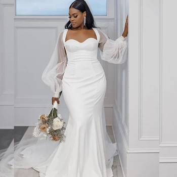 Простые белые свадебные платья русалки для невесты Милое сердце с длинным рукавом Sweep Train Нигерия Свадебные платья Платье для приема