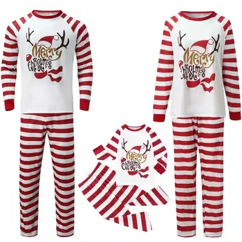 Рождественский пижамный комплект Родитель-ребенок Рождественский топ с длинным рукавом с лосиным принтом Белый красный полосатый брюки Семейные подходящие наряды