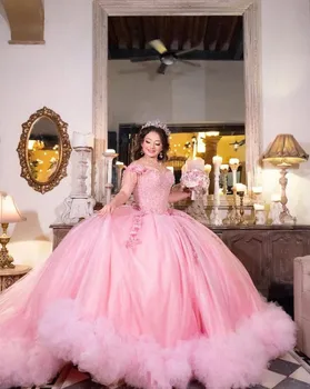 Розовые пышные платья принцессы Quinceanera Юбка-пачка с открытыми плечами Корсет на шнуровке с цветочным принтом vestidoa de 15 años modernos