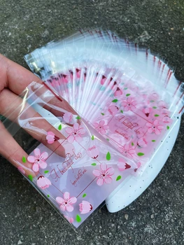  Розовый печатный самогерметизирующийся пакет OPP, романтический розовый цветочный зеленый принт листьев Маленькие подарочные пакеты для украшения подарка на день рождения