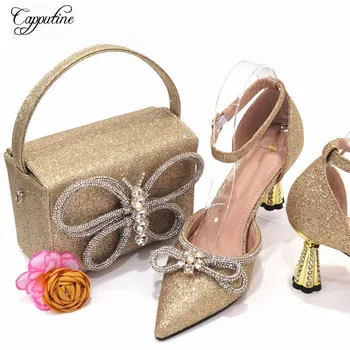 Роскошные золотые женские туфли и сумки Набор африканских дамских туфель для вечеринок Матч с сумочкой Клатч Сандалии на высоком каблуке Femmes Sandales CR389
