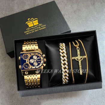 Роскошные мужские часы Хронограф Золотые часы 3 часовых пояса Нержавеющая сталь Большой циферблат Мужской Золотые Наручные Часы Relogio Masculino