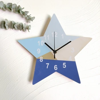  Симпатичные синие геометрические звезды Тихие настенные часы для взрослых детей Детский комнатный декор Бесшумная немая стена Декоративные часы Современный дизайн