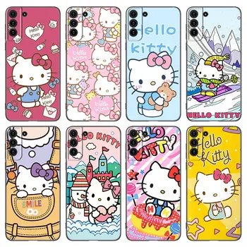 Симпатичный чехол для телефона Cat Hello Kitty для Samsung Galaxy S23 S21 S20 FE S24 S22 Ultra S10E S10 S9 S8 Plus Черный силиконовый чехол