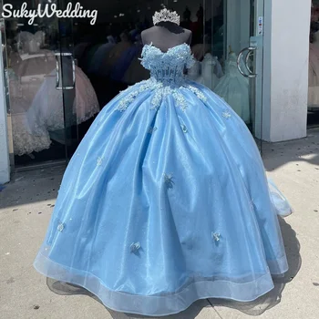 Синий PrincessQuinceanera Платья Бабочка Кружево с плеча Sweet 15 Мексиканские выпускные платья для вечеринок Vestidos de Quinceañera