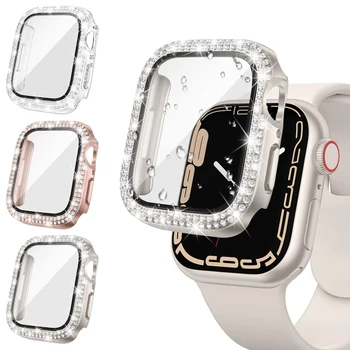 Стекло + алмазная крышка для Apple Watch корпус 40 мм 44 мм 41 мм 45 мм 38 мм 42 мм Bling Протектор Бампер iWatch series 9 3 5 6 7 8 se чехол