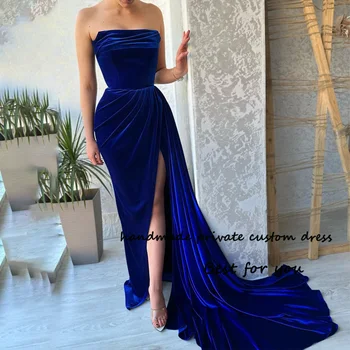 темно-синий выпускные платья русалки с разрезами Вечернее вечернее платье без бретелек со шлейфом длинные вечерние платья