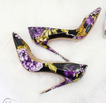 фиолетовый цветок лакированная кожа высокие каблуки туфли сексуальный тонкий каблук одинарные туфли с острым носком банкетное платье туфли женщина цветочный шпилька