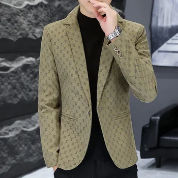 Фирменный мужской пиджак с принтом Высокое качество Хаки Серый Черный Деловая повседневная мужская одежда 2023 Мода Slim Fit Мужской пиджак Пальто
