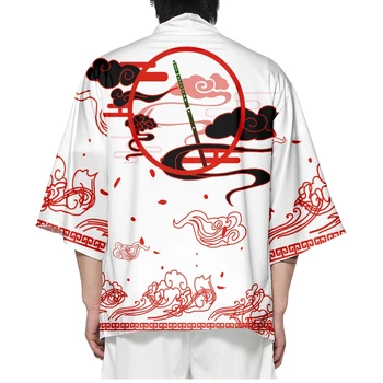Харадзюку Кардиган Принт Топы Большие размеры Модные пляжные рубашки Традиционный японский самурай Белый Хаори