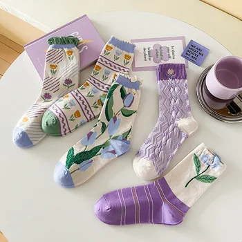 Цветочный принт Винтажные женские носки Осень-зима Мода Harajuku Streetwear Фиолетовые носки Женщины Девушки Kawaii Милые носки с оборками Sox