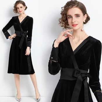 Черное бархатное платье для женщин осенью и зимой, модный и уникальный темперамент, пояс средней длины, завязанный золотым бархатом