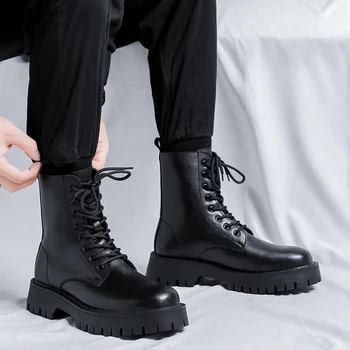 Черные мужские ботинки Деловые кожаные сапоги Модные сапоги Короткие сапоги на низком каблуке с круглым носком Высокие мотоциклетные ботинки в британском стиле