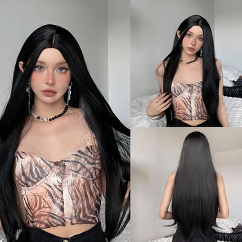  Черный косплей Синтетические парики для женщин Длинные прямые волосы средней части Парик Естественно выглядящий термостойкий волокно Ежедневное использование Лолиты