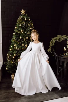 Элегантные белые атласные платья для девочек-цветов для свадеб Длинные рукава Жемчуг Бант Принцесса Вечеринка Конкурс Первое Святое Причастие Платье